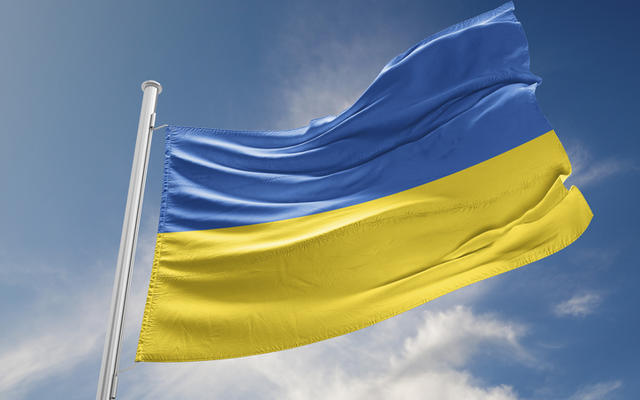 A Ukrainian flag flutters in the sunshine