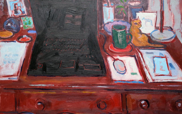 A painting of a desk by Peter Rhoades