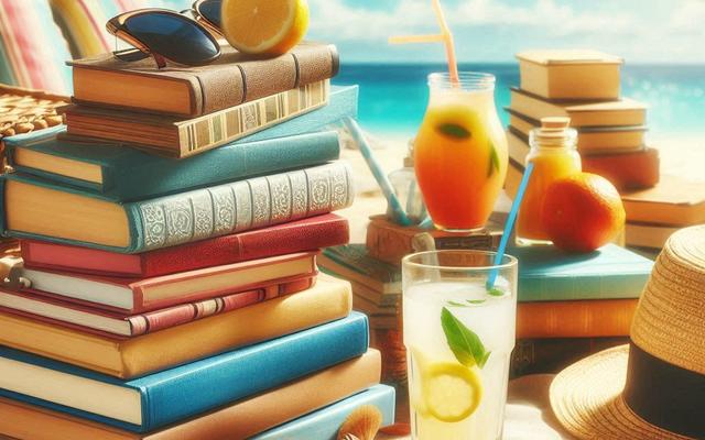 Summer scene with colorful books on a sunny table and a sandy beach blanket