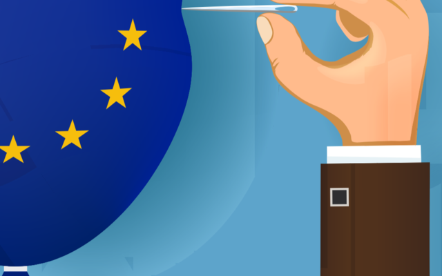 A cartoon drawing of a hand holding a pin, bursting a balloon in the colours of the EU logo