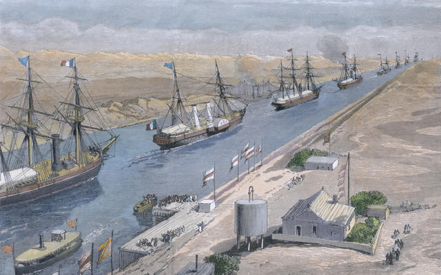 A painting of the Suez Canal, with sail boats moving through it