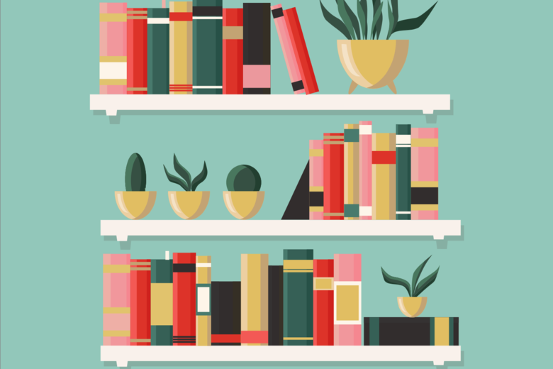 Image of book shelf with books and plants