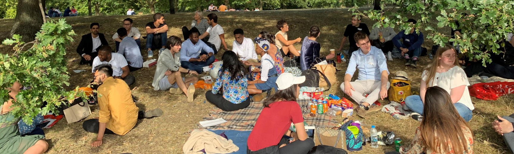 Students sat under trees having a picnic