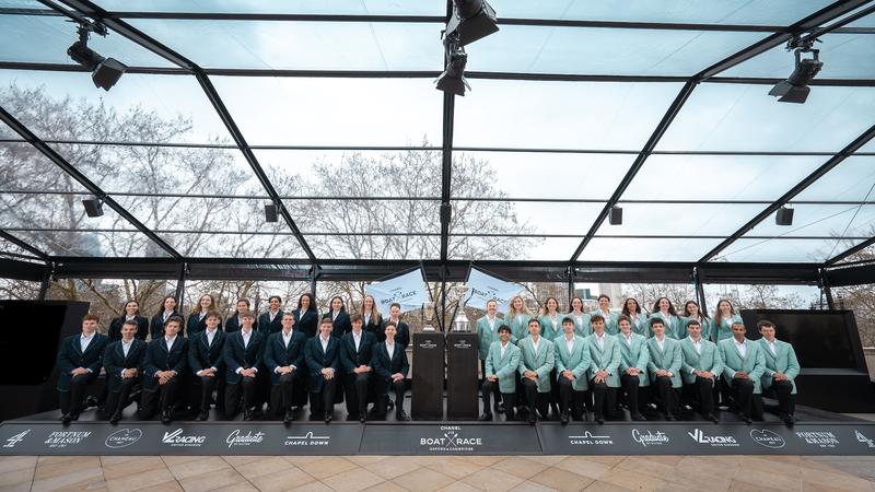 Group portrait showing all the rowers of the 2026 Boat Race, taken on 12 March 2026