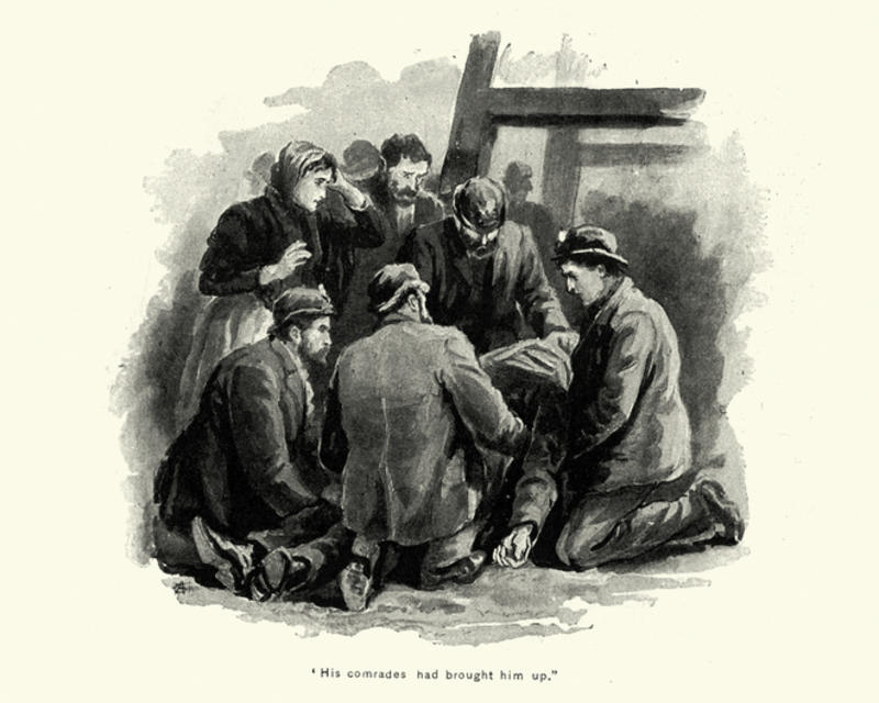 A group of adults cluster around a prostrate body of a miner brought up after an accident in a coal mine