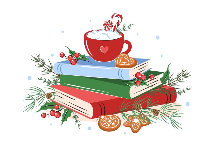 Illustration of three books amidst seasonal decorations, with a hot drink on top