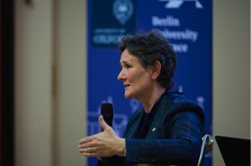 Oxford Vice-Chancellor Professor Irene Tracey speaks to the fourth Oxford–Berlin Research Partnership at Lady Margaret Hall on 30 September 2025