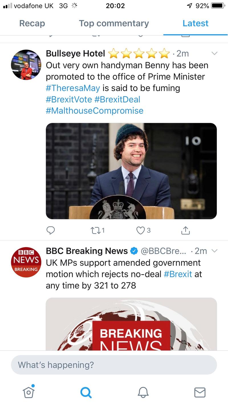 A screenshot from Twitter, with a tweet from 'Bullseye Hotel' with a manipulated image of Benny from Crossroads as Prime Minister, above a tweet from BBC news reporting MPs supporting a motion to reject a no-deal Brexit