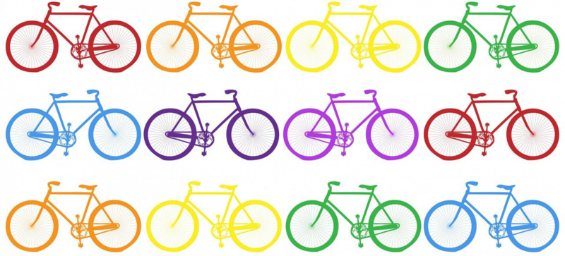 A drawing of twelve bikes of different colours