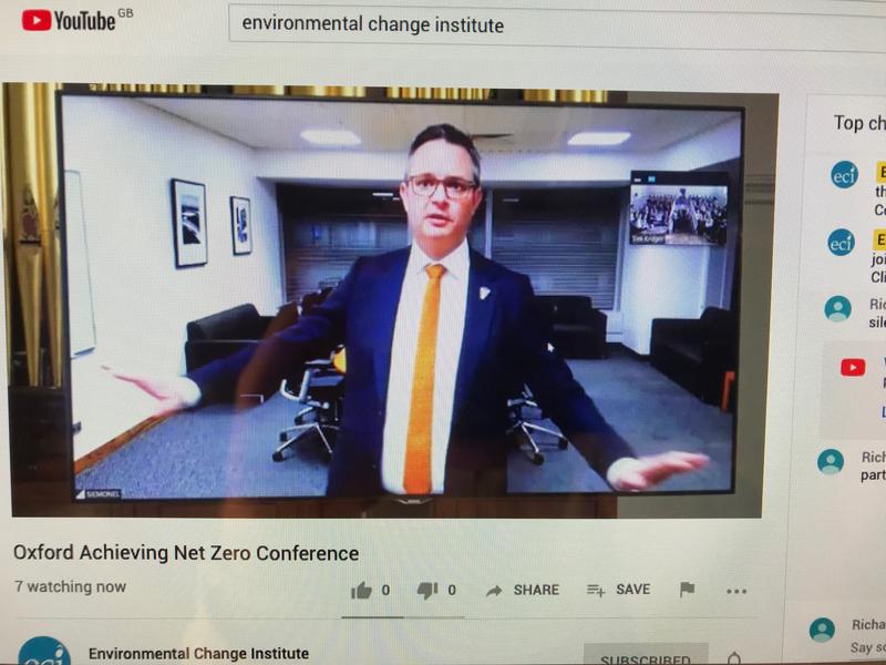A screenshot of the live stream of the New Zealand minister for climate change James Shaw speaking as part of the Oxford's Environmental Change Institute conference