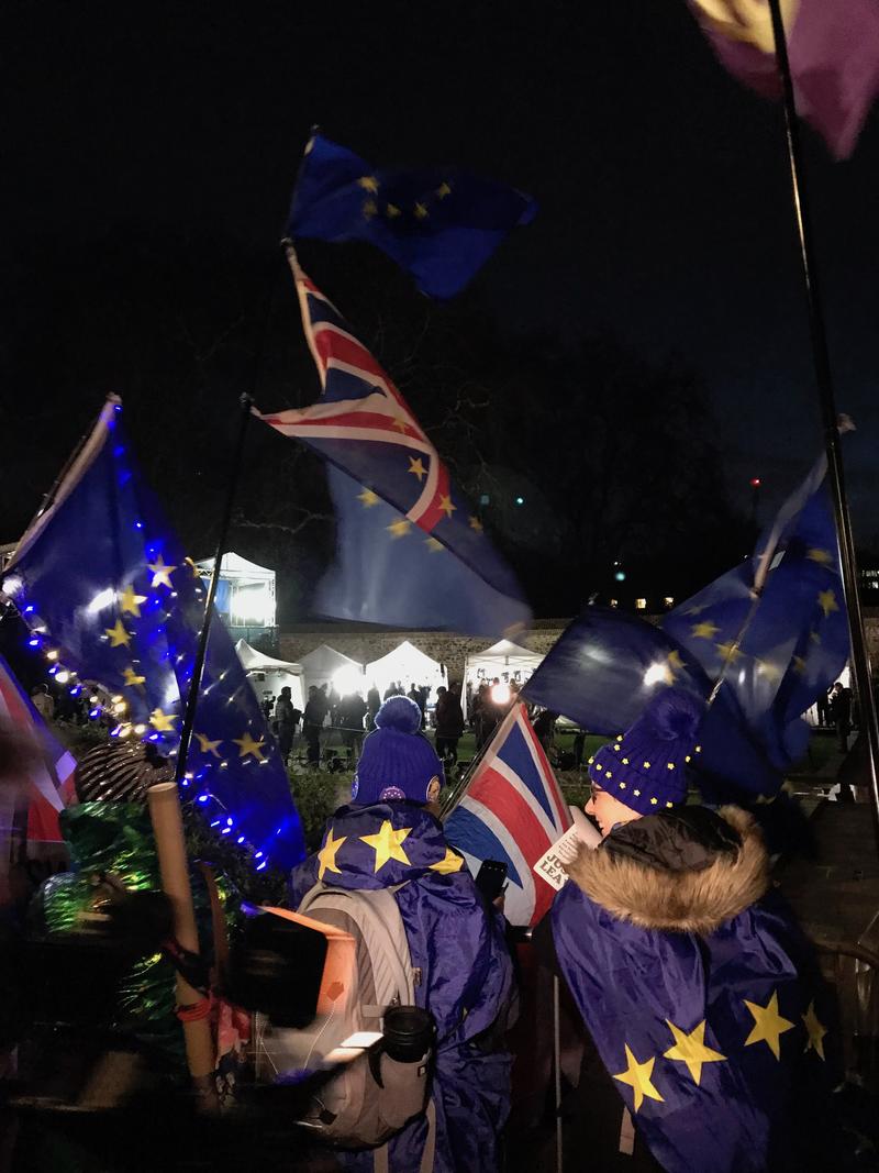 A nighttime scene on an area of grass where a crowd of people are waving EU and British flags 
