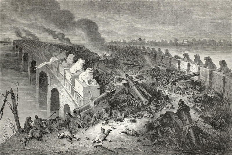 An old illustration showing a bridge on which a battle has taken place, with hundreds of bodies, abandoned cannons, and smoke billowing in to the sky