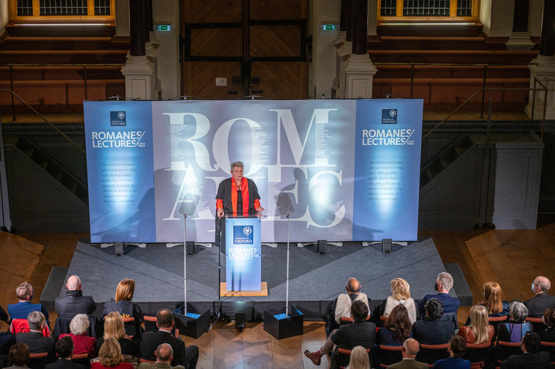 The interior of the Sheldonian Theatre, with Dame Catherine Bingham delivering the 2021 Romanes Lecture CREDIT: John Cairns