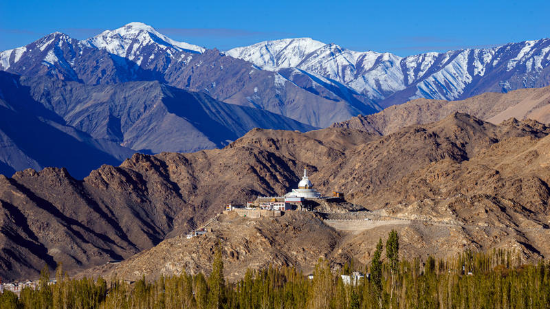 Stupa in Leh-Ladakh city, an ornate building nestled amongst snow capped, bare mountains