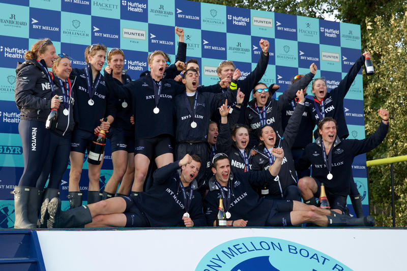 The mens and womens crews celebrating victory in the 2015 boat races