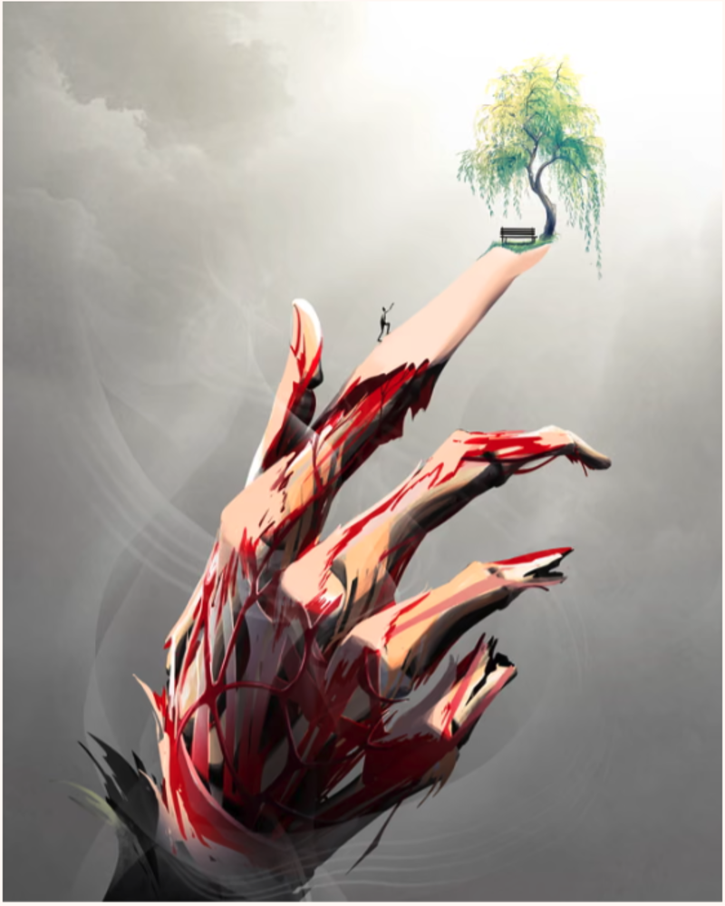 Artwork by Ella Baron. A bloodied hand reaches up, a tree on top of one finger and a tiny figure climbing towards it