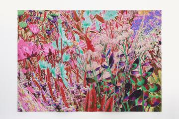 Vividly colourful abstract collage of painted flowers, called 'Midsummer'