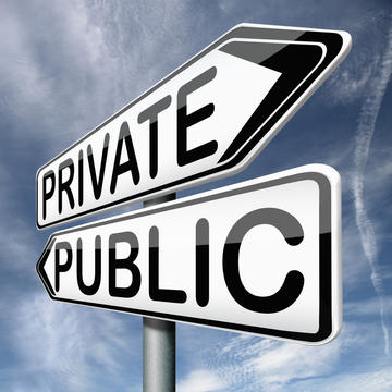 A road sign, with 'public' pointing left, and 'private' pointing right