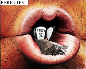 Cartoon by Ella Baron depicting a Trump mouth in which lies a graveyard