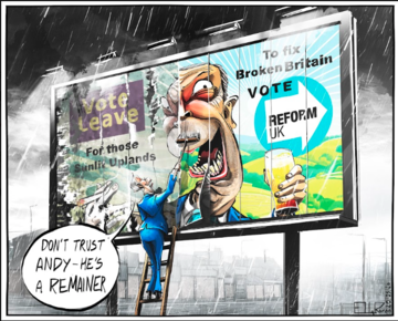 Cartoon by Ella Baron depicting Nigel Farage on a billboard