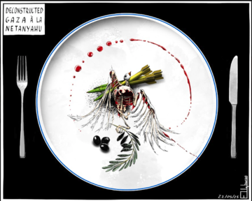 Cartoon by Ella Baron showing a plate of symbolic skeleton food with drops of blood as sauce